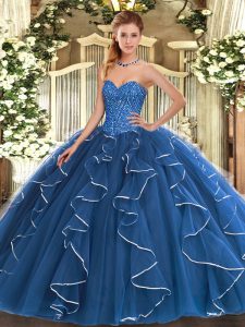 Blue Sleeveless Beading and Ruffles Floor Length Quinceanera Dresses