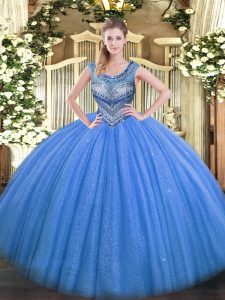 Scoop Sleeveless Lace Up Quinceanera Dress Blue Tulle
