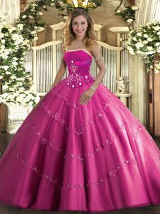 Noble Hot Pink Sleeveless Beading and Appliques Floor Length Quinceanera Gown
