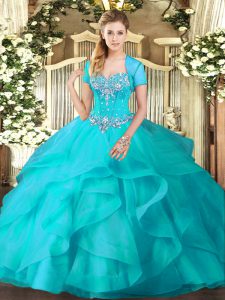 Custom Fit Sweetheart Sleeveless Tulle Quinceanera Gowns Beading and Ruffles Lace Up