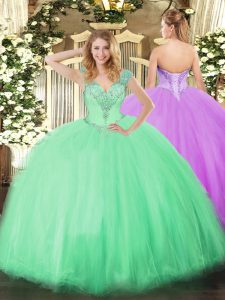 Apple Green Ball Gowns Beading 15th Birthday Dress Lace Up Tulle Sleeveless Floor Length