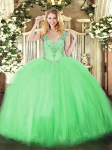 Superior Apple Green Tulle Lace Up Quince Ball Gowns Sleeveless Floor Length Beading