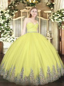 Shining Yellow Mermaid Beading and Lace and Appliques Quinceanera Dress Zipper Tulle Sleeveless Floor Length
