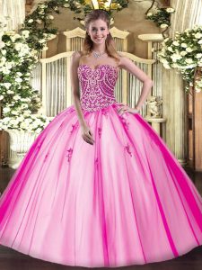 Floor Length Lace Up Sweet 16 Dresses Hot Pink for Military Ball and Sweet 16 and Quinceanera with Beading