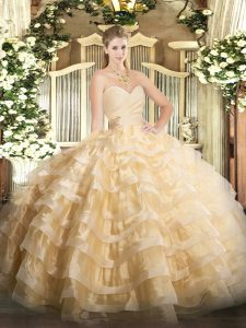 Floor Length Ball Gowns Sleeveless Champagne Quince Ball Gowns Lace Up