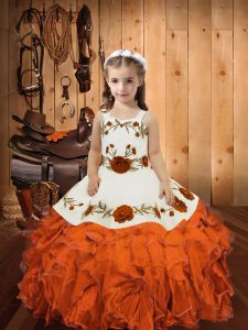 Orange Red Lace Up Straps Embroidery and Ruffles Little Girls Pageant Gowns Organza Sleeveless