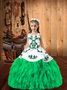 Organza Straps Sleeveless Lace Up Embroidery and Ruffles Little Girls Pageant Gowns in Turquoise