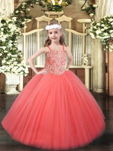 Floor Length Coral Red Little Girl Pageant Gowns Tulle Sleeveless Beading