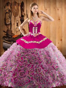 Custom Design Multi-color Lace Up Sweetheart Embroidery Quinceanera Dresses Satin and Fabric With Rolling Flowers Sleeve