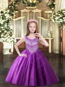 Tulle Scoop Sleeveless Lace Up Beading Kids Formal Wear in Lilac