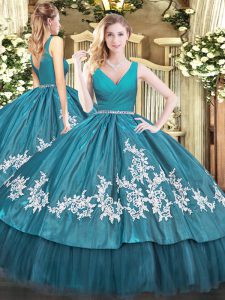 Teal Sleeveless Tulle Zipper Sweet 16 Dresses for Military Ball and Sweet 16 and Quinceanera