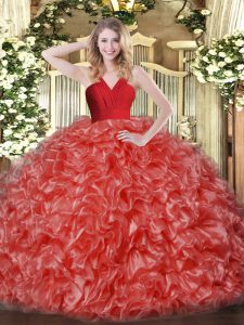 Fabulous Red Sweet 16 Dress Military Ball and Sweet 16 and Quinceanera with Ruffles V-neck Sleeveless Zipper