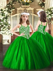 Excellent Green Ball Gowns Straps Sleeveless Tulle Floor Length Lace Up Beading Pageant Dress for Teens