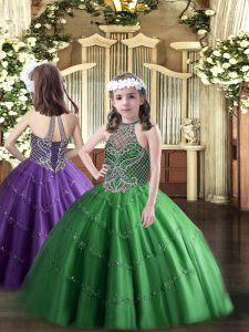 Beading Winning Pageant Gowns Green Lace Up Sleeveless Floor Length