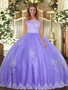 Best Selling Lavender Ball Gowns Tulle Scoop Sleeveless Lace and Appliques Floor Length Clasp Handle Quinceanera Dress