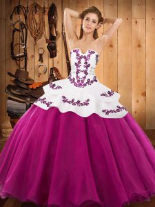 Fuchsia Ball Gowns Strapless Sleeveless Satin and Organza Floor Length Lace Up Embroidery Ball Gown Prom Dress