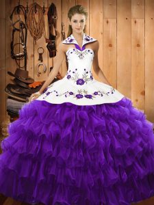 Purple Lace Up Halter Top Embroidery and Ruffled Layers Quince Ball Gowns Organza Sleeveless