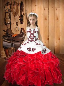 Red Lace Up Little Girls Pageant Dress Embroidery and Ruffles Sleeveless Floor Length