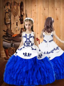 Royal Blue Little Girl Pageant Dress Sweet 16 and Quinceanera with Embroidery and Ruffles Straps Sleeveless Lace Up