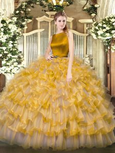 Sleeveless Organza Floor Length Clasp Handle Quinceanera Dress in Gold with Ruffled Layers
