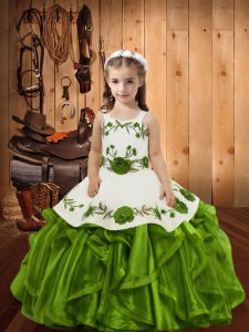Olive Green Ball Gowns Embroidery and Ruffles Kids Pageant Dress Lace Up Organza Sleeveless Floor Length