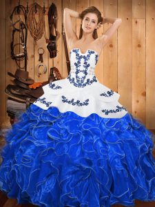 Perfect Blue And White Ball Gowns Satin and Organza Strapless Sleeveless Embroidery and Ruffles Floor Length Lace Up Qui