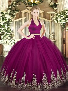 Modest Fuchsia Sleeveless Floor Length Appliques Zipper Quinceanera Dresses