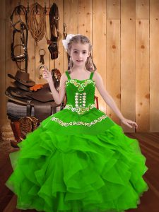 Green Lace Up Straps Embroidery and Ruffles Little Girls Pageant Gowns Organza Sleeveless