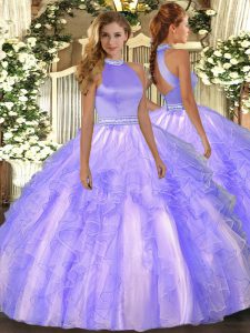 Flare Lavender Organza Backless Sweet 16 Quinceanera Dress Sleeveless Floor Length Beading and Ruffles