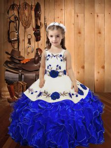 Hot Selling Royal Blue Organza Lace Up Straps Sleeveless Floor Length Girls Pageant Dresses Embroidery and Ruffles