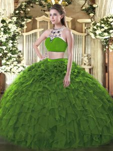Beauteous Sleeveless Tulle Floor Length Backless Quinceanera Gown in Dark Green with Beading and Ruffles