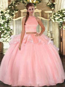 Elegant Pink Two Pieces Halter Top Sleeveless Organza Floor Length Backless Beading Sweet 16 Dresses