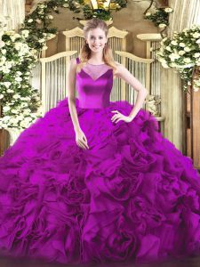 Dramatic Fuchsia Ball Gowns Beading Sweet 16 Dresses Side Zipper Fabric With Rolling Flowers Sleeveless Floor Length