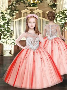 Affordable Coral Red Ball Gowns Scoop Sleeveless Tulle Floor Length Zipper Beading and Appliques Winning Pageant Gowns
