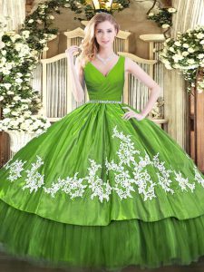 Glittering Tulle V-neck Sleeveless Zipper Beading and Appliques Sweet 16 Dress in Olive Green