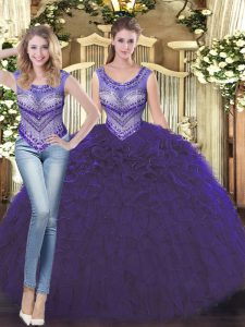 Purple Tulle Lace Up Sweet 16 Dresses Sleeveless Floor Length Beading and Ruffles