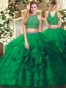 Sweet Dark Green Two Pieces Beading and Ruffled Layers Quince Ball Gowns Zipper Tulle Sleeveless Floor Length