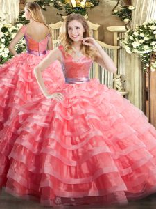 Custom Fit Watermelon Red Zipper V-neck Ruffled Layers Ball Gown Prom Dress Organza Sleeveless