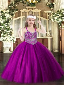 Most Popular Fuchsia Ball Gowns Tulle Straps Sleeveless Beading Floor Length Lace Up Little Girls Pageant Dress Wholesal
