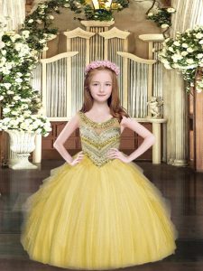 Gorgeous Gold Scoop Lace Up Beading and Ruffles Little Girls Pageant Gowns Sleeveless