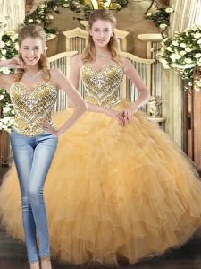 Custom Fit Floor Length Lace Up Vestidos de Quinceanera Gold for Military Ball and Sweet 16 and Quinceanera with Beading