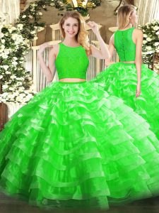 Affordable Green Scoop Zipper Lace and Ruffled Layers Quinceanera Gown Sleeveless