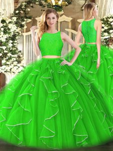 Custom Fit Sleeveless Organza Floor Length Zipper Sweet 16 Quinceanera Dress in Green with Lace and Ruffles