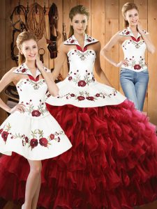 Dazzling Wine Red Ball Gowns Organza Halter Top Sleeveless Embroidery and Ruffled Layers Floor Length Lace Up Sweet 16 Q