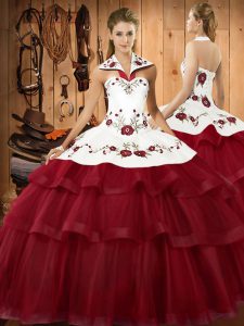 Hot Selling Wine Red Organza Lace Up Halter Top Sleeveless Quinceanera Dresses Sweep Train Embroidery and Ruffled Layers