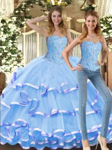 Romantic Baby Blue Ball Gowns Sweetheart Sleeveless Tulle Floor Length Lace Up Beading and Ruffled Layers Sweet 16 Dress