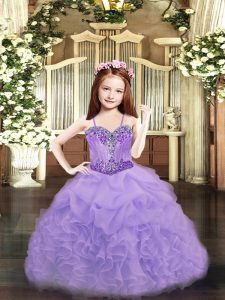 Lavender Spaghetti Straps Lace Up Beading and Ruffles and Pick Ups Winning Pageant Gowns Sleeveless