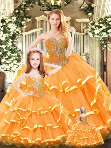 Custom Designed Ball Gowns Vestidos de Quinceanera Orange Red Sweetheart Tulle Sleeveless Floor Length Lace Up
