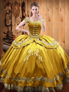 Ball Gowns Sweet 16 Quinceanera Dress Gold Off The Shoulder Satin and Organza Sleeveless Floor Length Lace Up