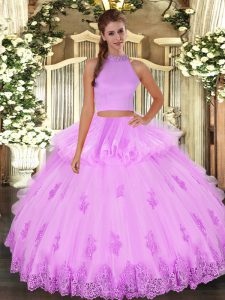 Lilac Sleeveless Floor Length Beading and Appliques and Ruffles Backless Quinceanera Dresses